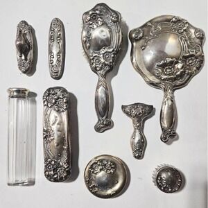Victorian Repose  Sterling Silver ‎ Large Vanity Set Brushes Jars Mirrors & More